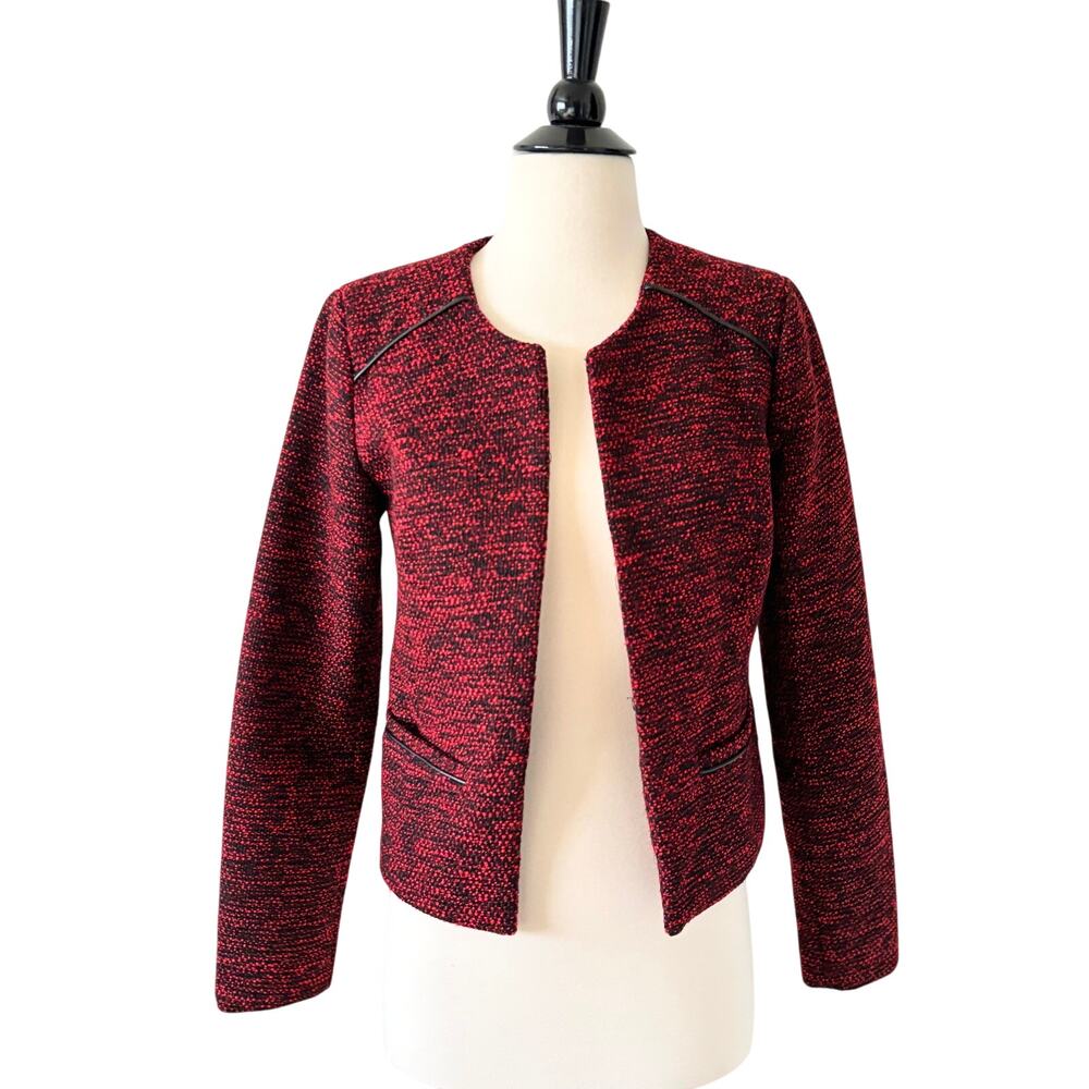 NAF NAF Paris Wool Blend Red & Black Tweed Cropped Jacket Size 4 US 36 FR